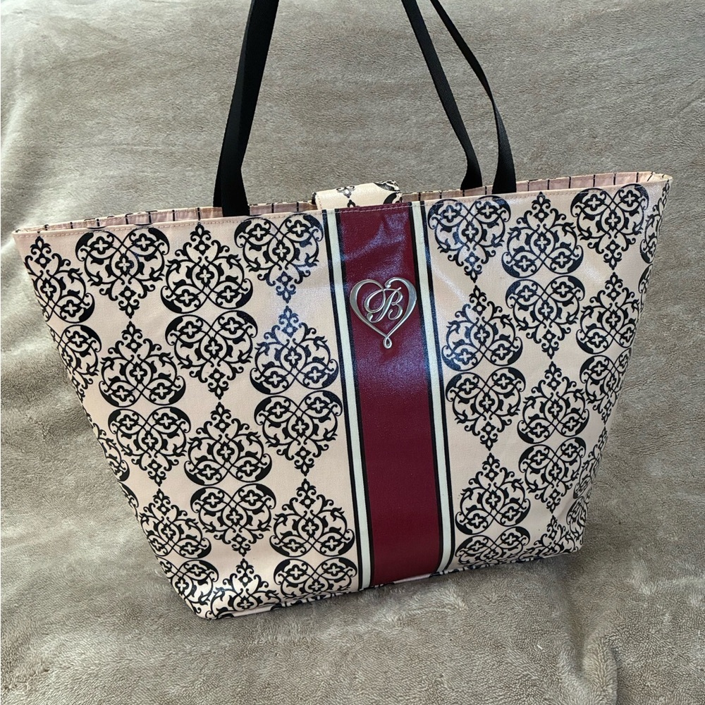 Brighton Damask Print Tote Bag Beige Black Burgundy, Logo Accent, Inner Pockets